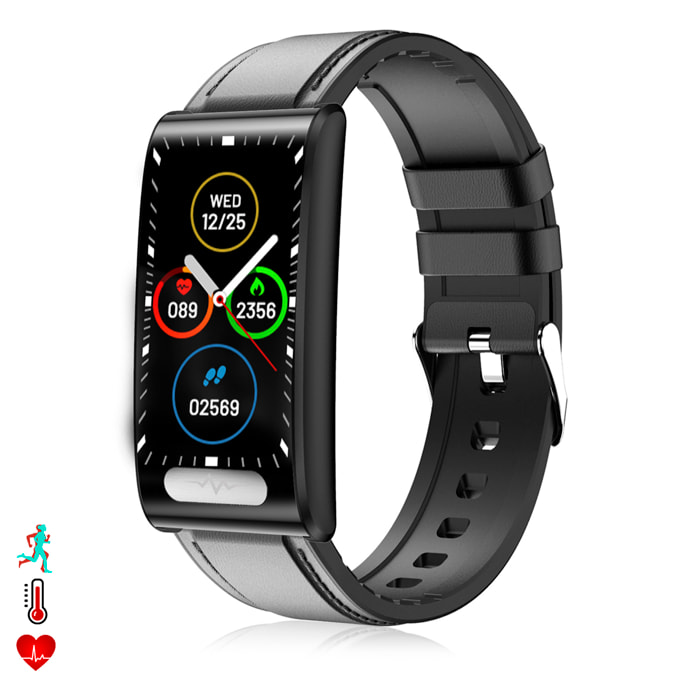 Bracciale intelligente ECG TK70, monitor della glicemia, dell'ossigeno e della tensione, frequenza cardiaca 24 ore su 24, termometro corporeo. Cinturino in pelle.