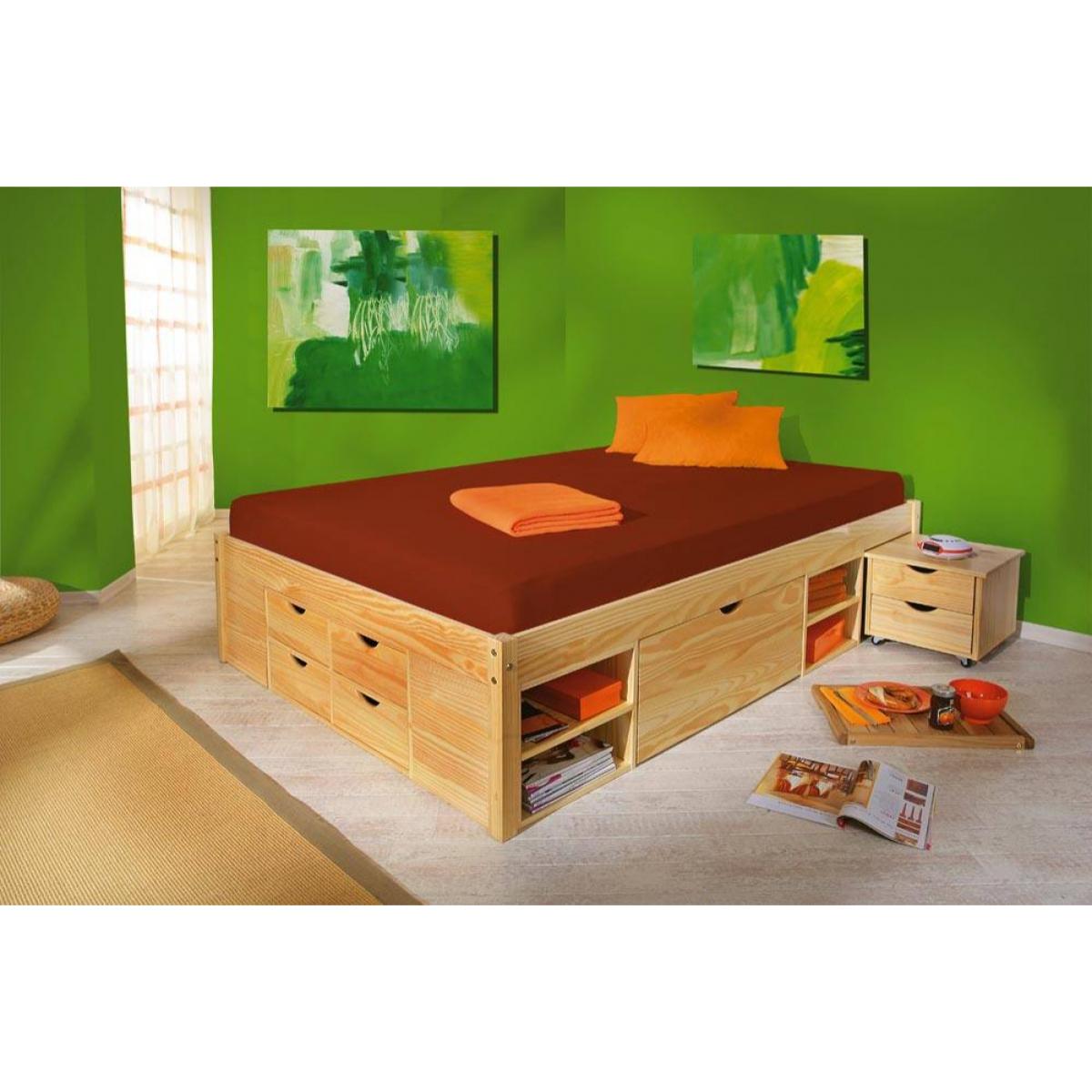 Letto con contenitori e comodino con ruote, in massello con verniciatura naturale, 209 x 186 x 48 cm