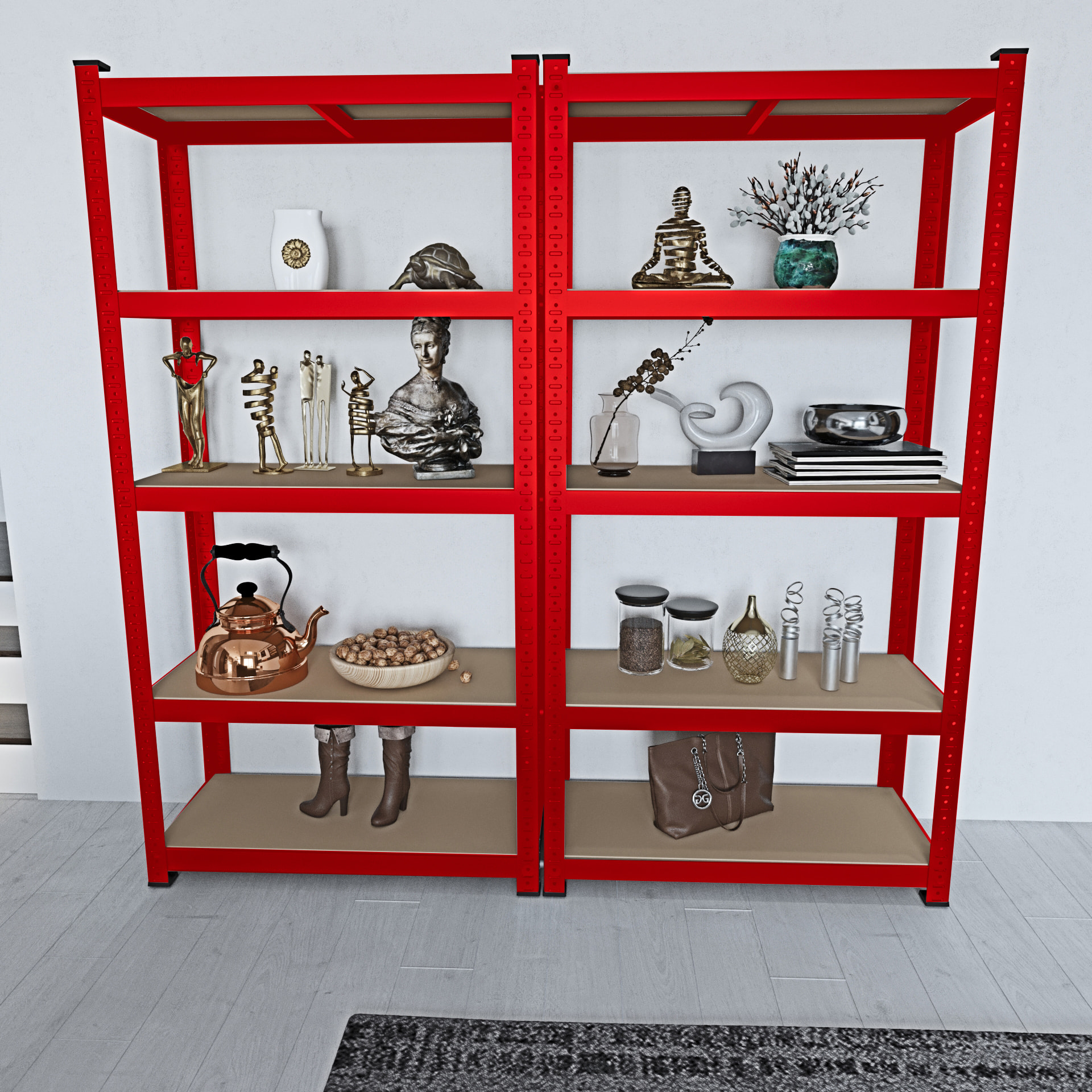 Set di 2 Scaffali In Metallo e MDF - Alta Portata Fino a 875 kg - 5 Ripiani Per Garage Officina Cantina Magazzino - Modulare - Rosso - 180x90x40 cm