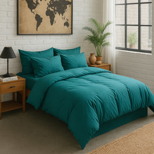 Paire de Taies D'oreiller Avec Volant 100% Percale De Coton Lavé Bleu Canard