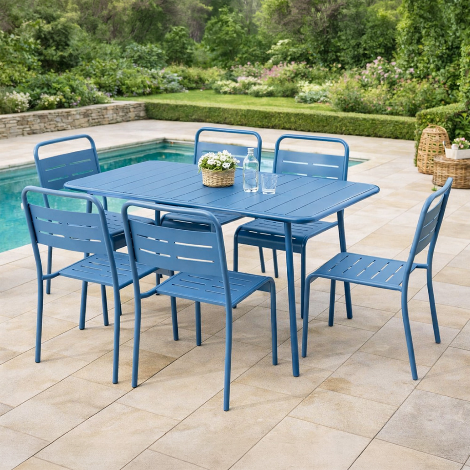 Ensemble table de jardin 120 cm et 4 chaises bleu EVORA