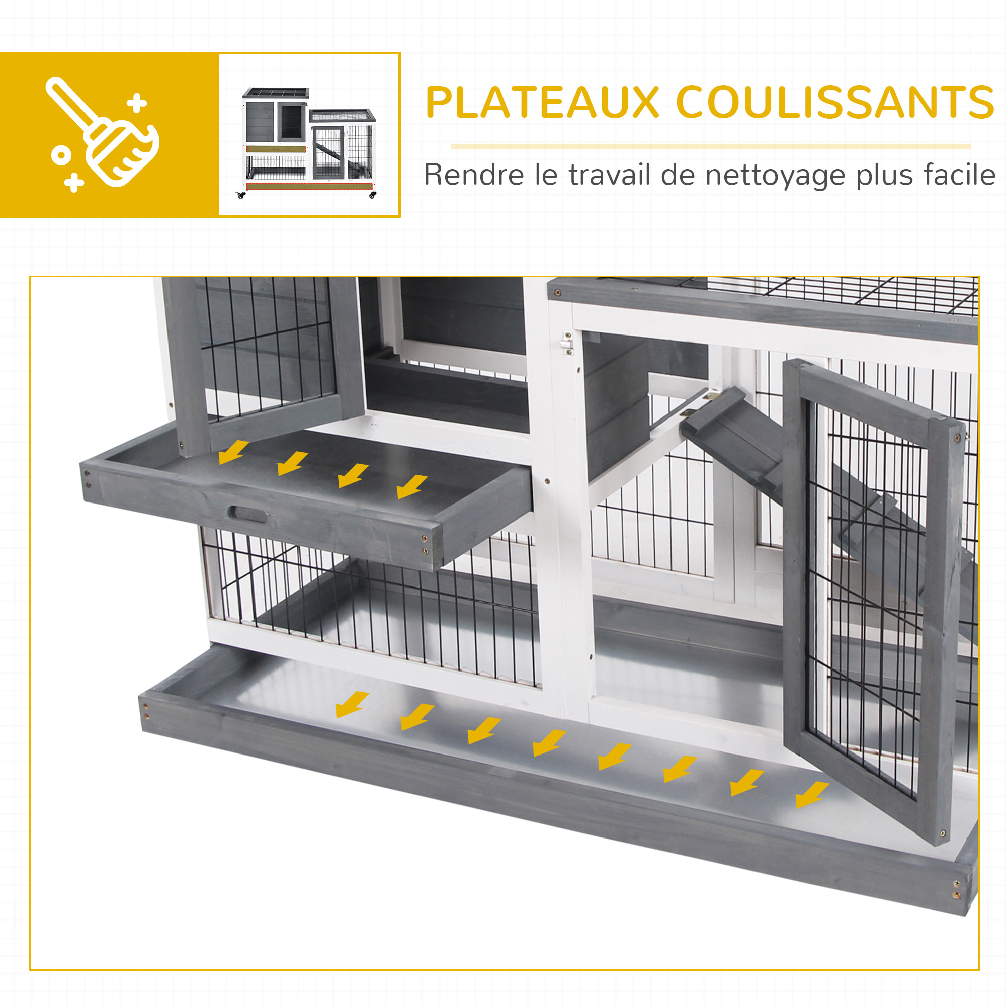 Clapier à lapin sur roulettes 2 étages gris blanc