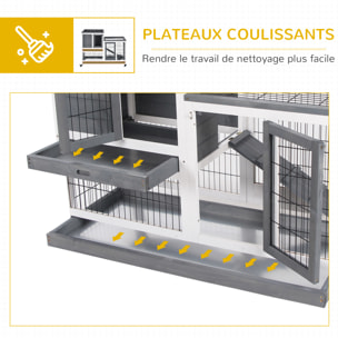 Clapier à lapin sur roulettes 2 étages gris blanc