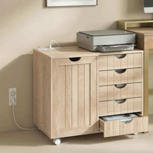 Mueble para Impresora con Estación de Carga y Ruedas, Soporte para Impresora con 5 Cajones, Puertos USB, Estante Ajustable para Oficina en Casa, Natural