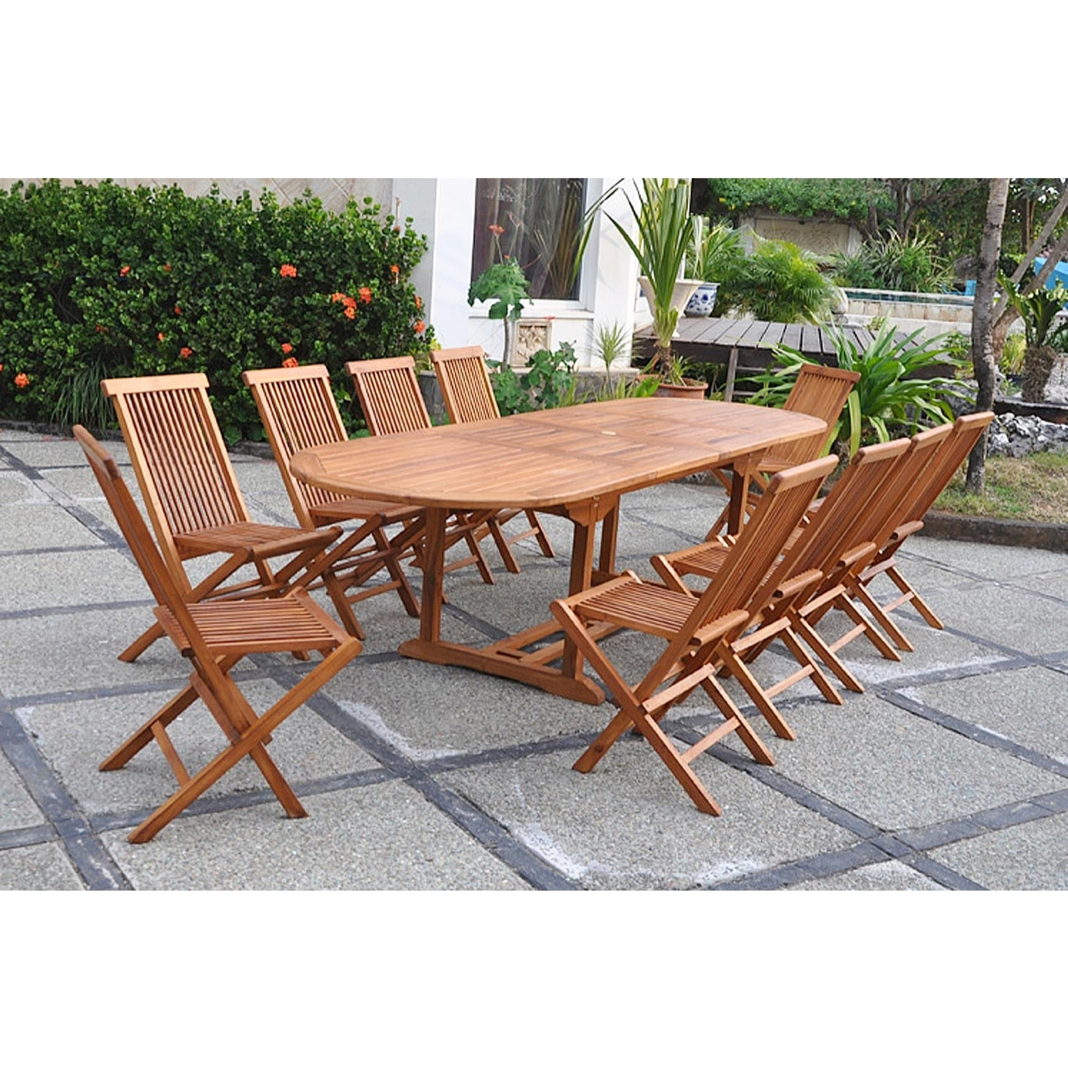 Table de jardin ovale 10 places et 10 chaises en teck huilé NARRA