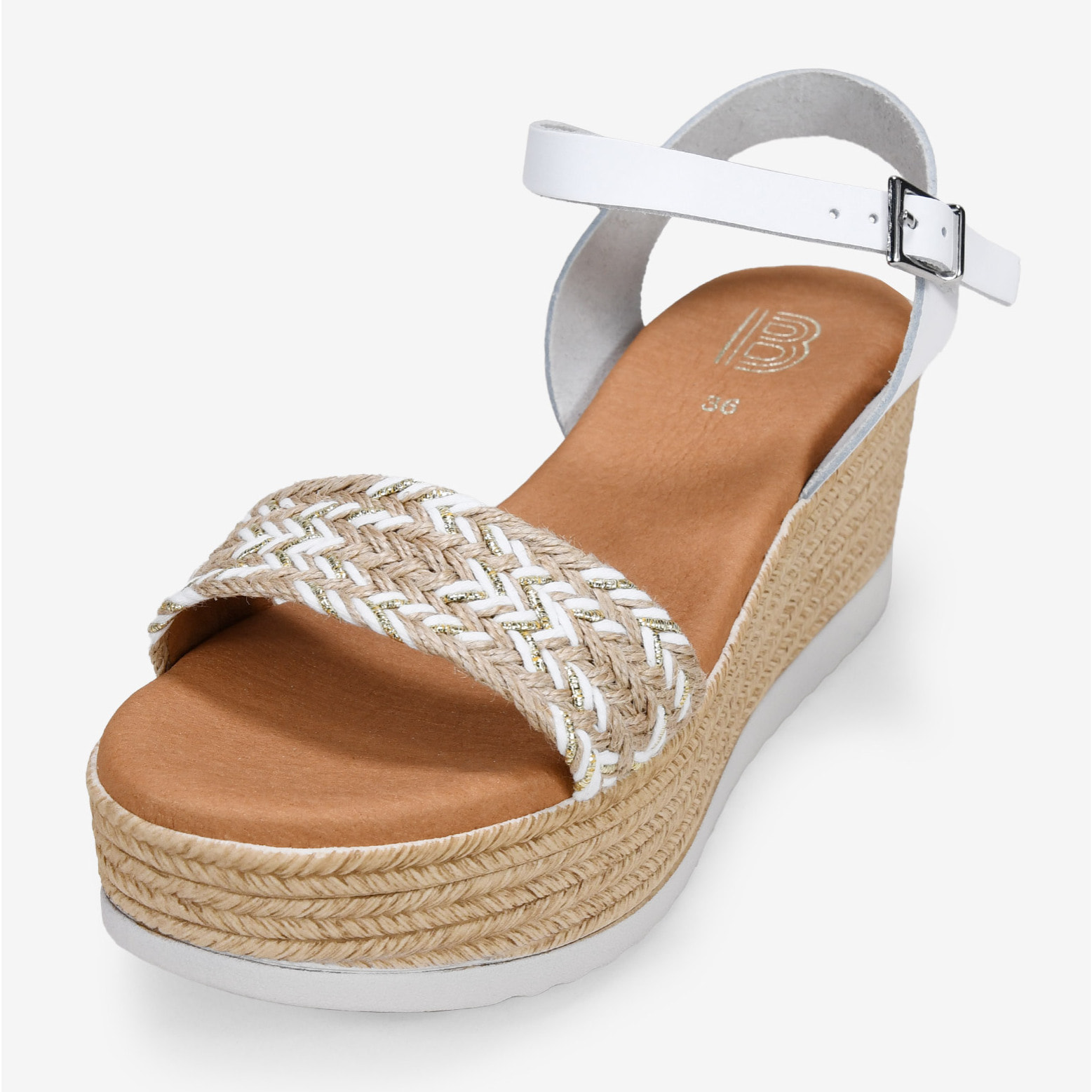 Sandalias de piel blancas con cuña efecto esparto