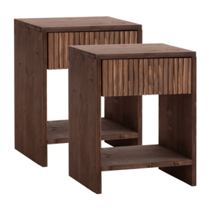 Pack de 2 mesitas de noche de madera maciza con un cajón en tono nogal de varias medidas
