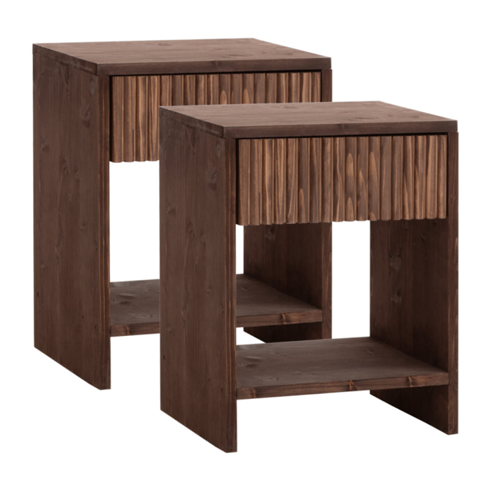 Pack de 2 mesitas de noche de madera maciza con un cajón en tono nogal de varias medidas