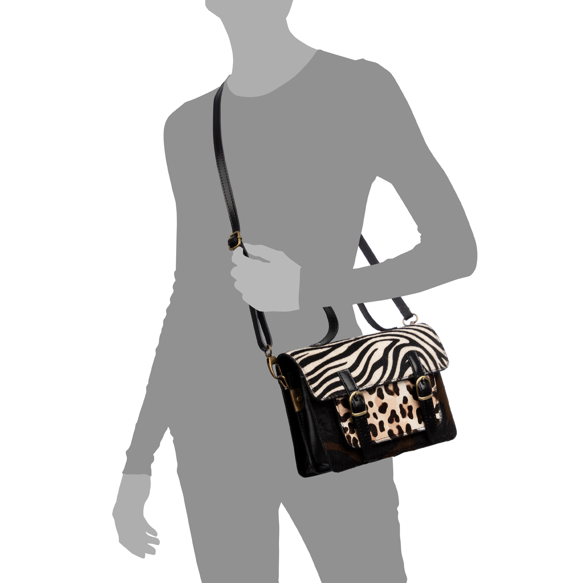 Assoro bolso Satchel con doble hebilla, piel auténtica Cavallino animal print.