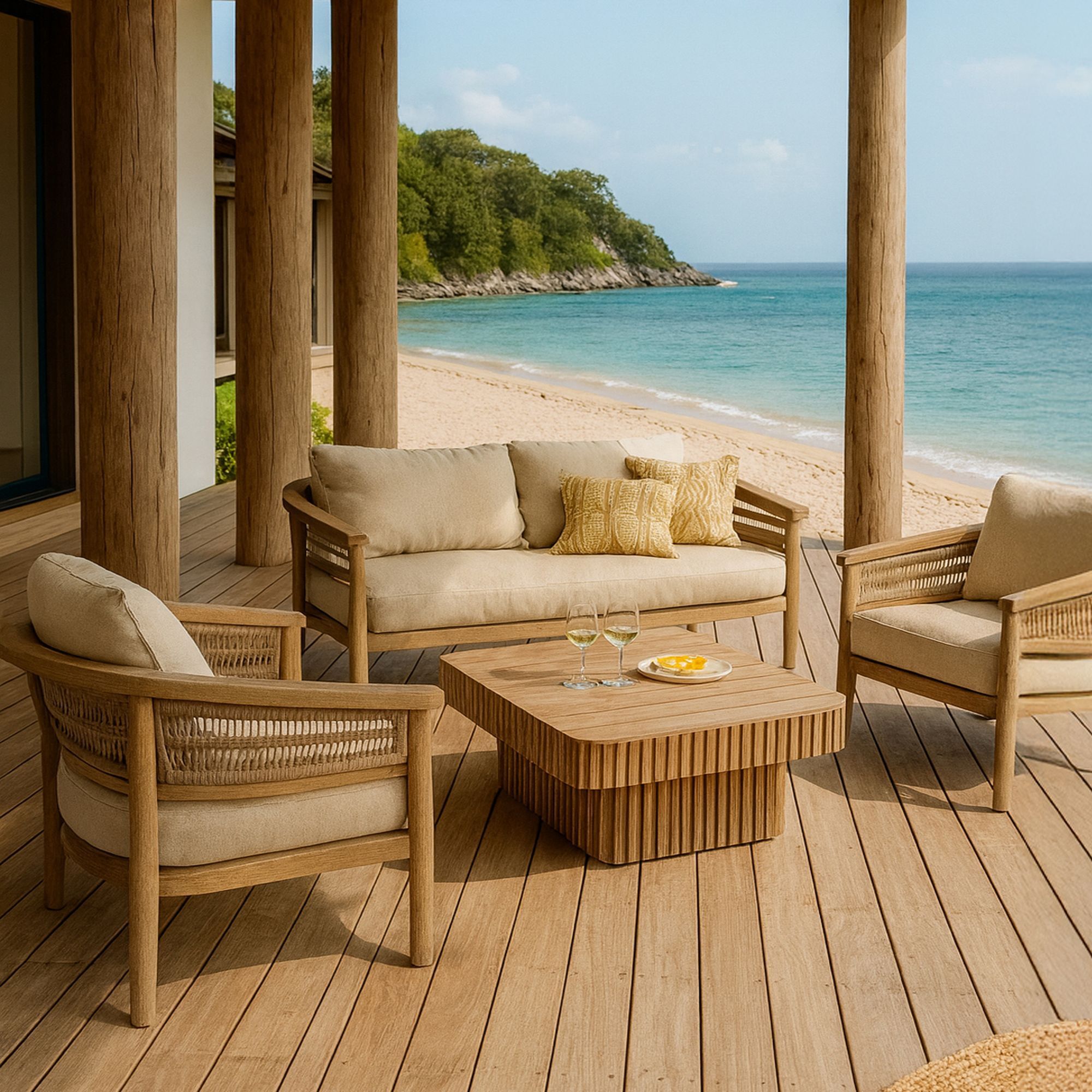 Salon de jardin 4 places en bois d'acacia et corde tressée taupe MAUI