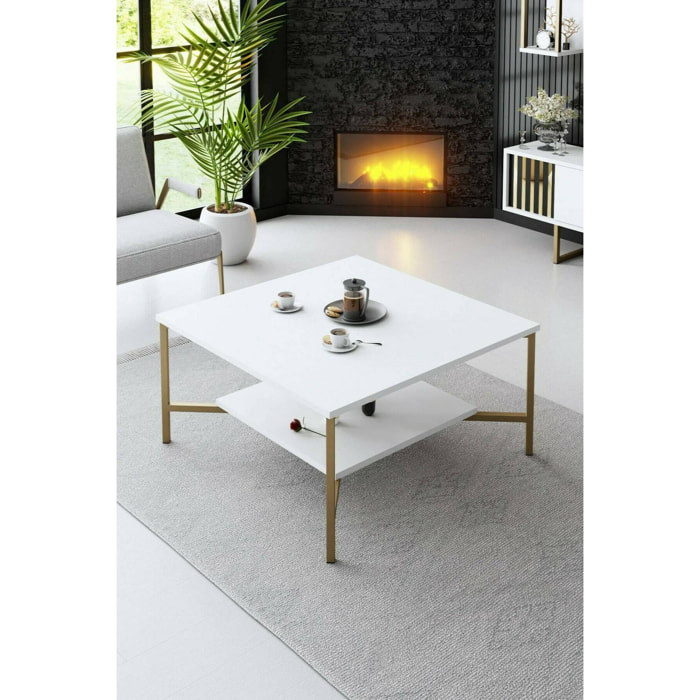 Tavolino da salotto Dichiar, Tavolo basso da caffè, Portariviste per divano, Ripiano da soggiorno, 80x80h40 cm, Bianco e Nero