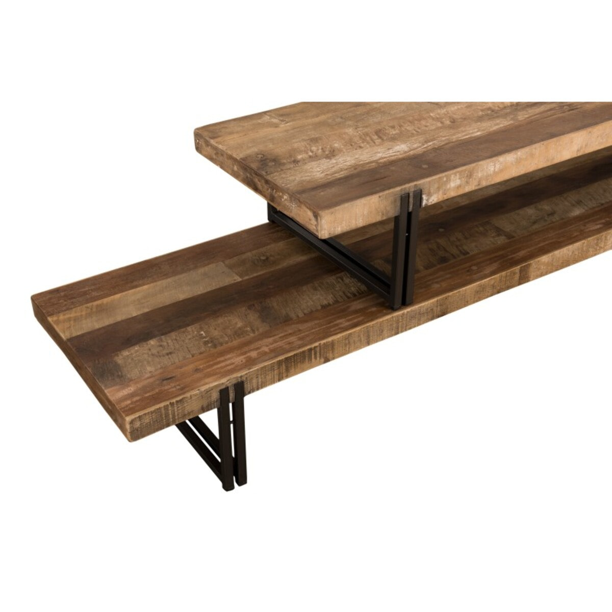 SIXTINE - Meuble TV marron 2 niveaux Teck recyclé Acacia Mahogany recyclé et métal noir