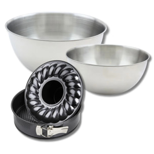 Lot comprenant 1 Moule à manqué et à savarin 24 cm, 1 spatule Zenker et 2 bols à mixer en inox Fackelmann
