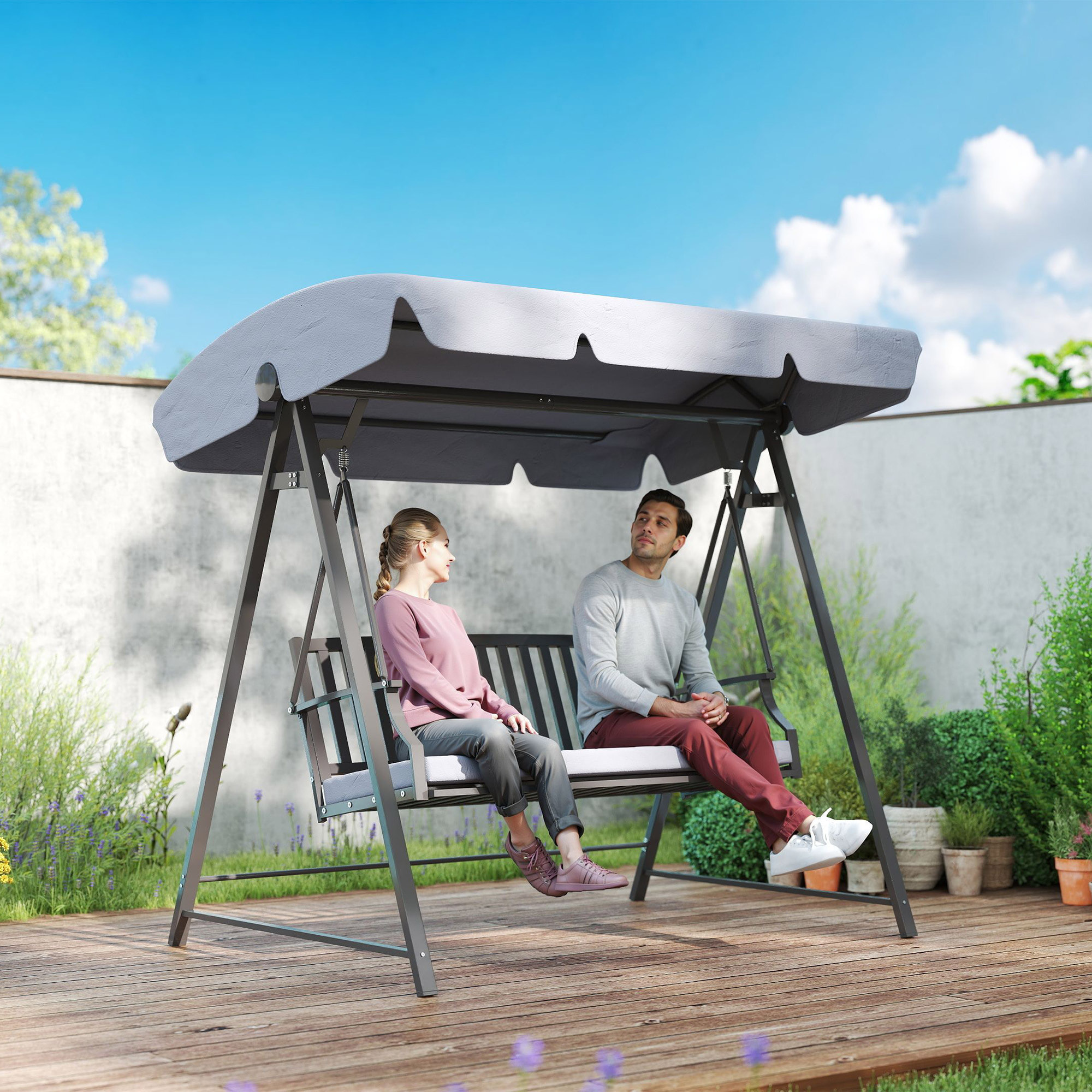 Columpio de Jardín Exterior de 3 Plazas Balancín de Jardín Exterior con Toldo Ajustable Cojín y Estructura de Acero Carga 360 kg 205x133x181 cm Gris