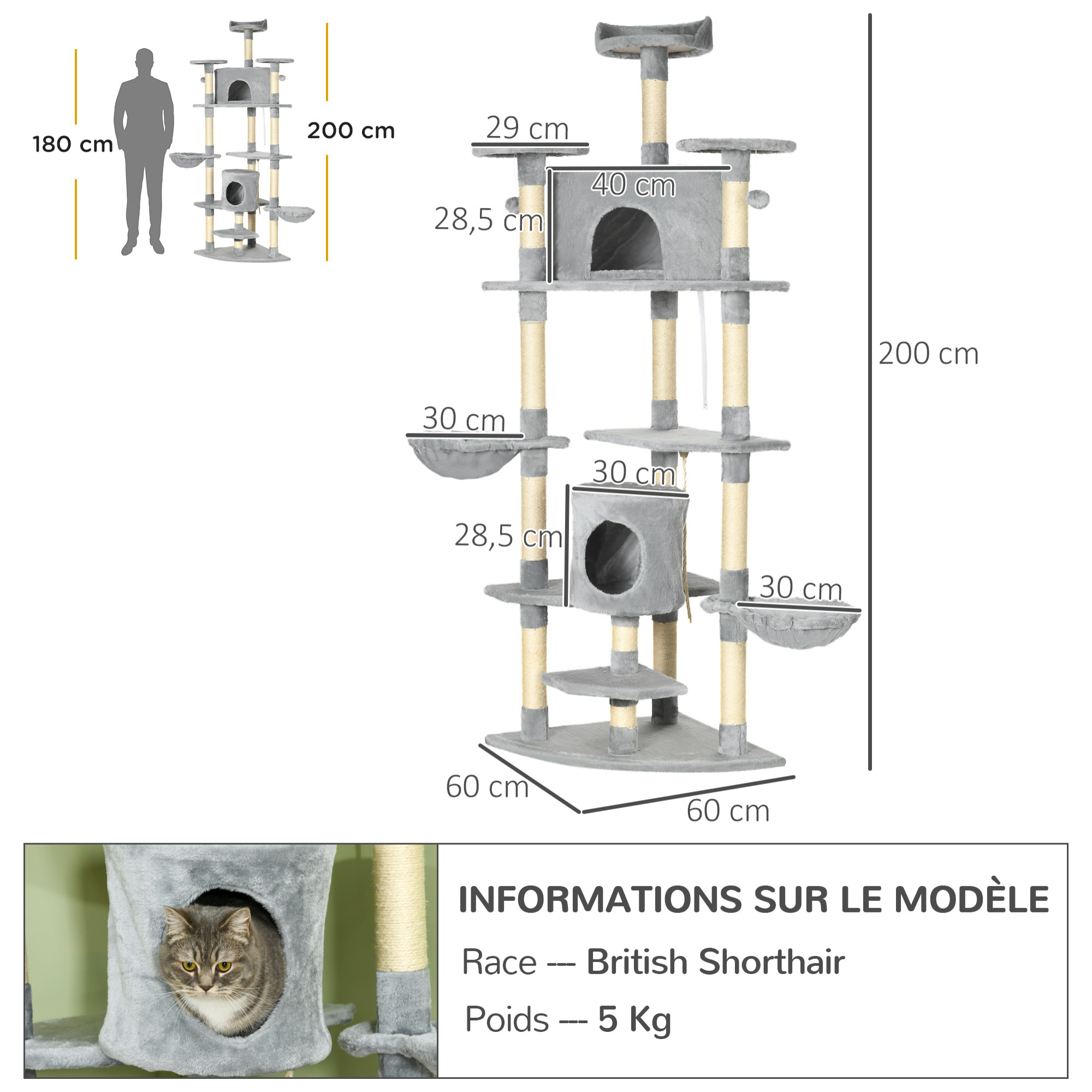 Arbre à chat multi-équipement griffoirs 2 niches 2 hamacs plateformes boules suspendues corde peluche grise