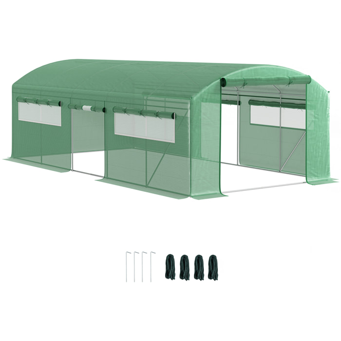 Invernadero de Exterior 6x3x2 m Invernadero de Túnel con 6 Ventanas de Malla Cubierta de PE Anti-UV y 3 Puertas Enrollables con Cremallera Invernadero para Jardín Patio Verde