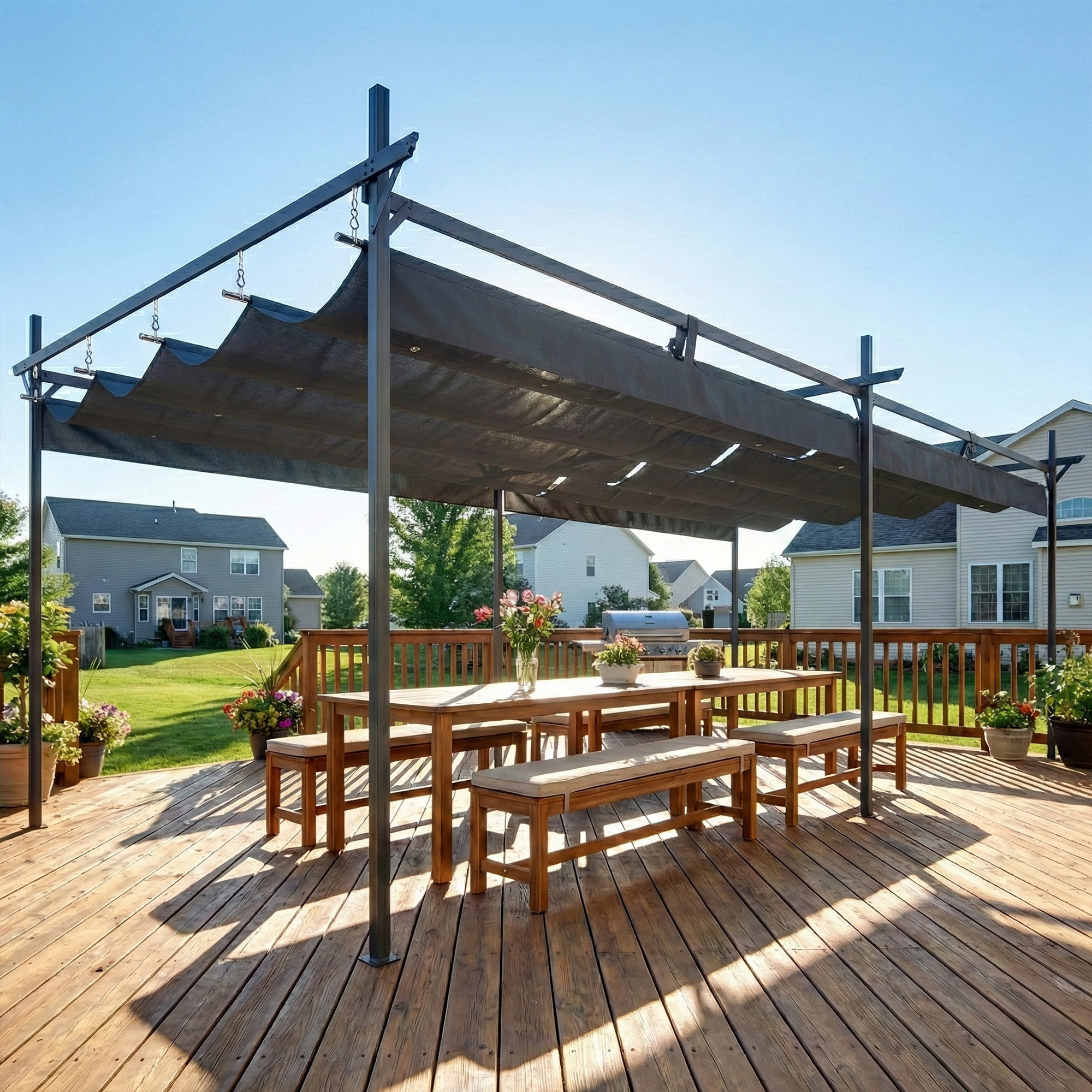 Pérgola de Jardín 6x3 m con Techo Retráctil, Cenador de Jardín con UPF30+, Estructura Metálica, Tela de Poliéster, Pabellón para Exterior, Terraza, Gris Oscuro