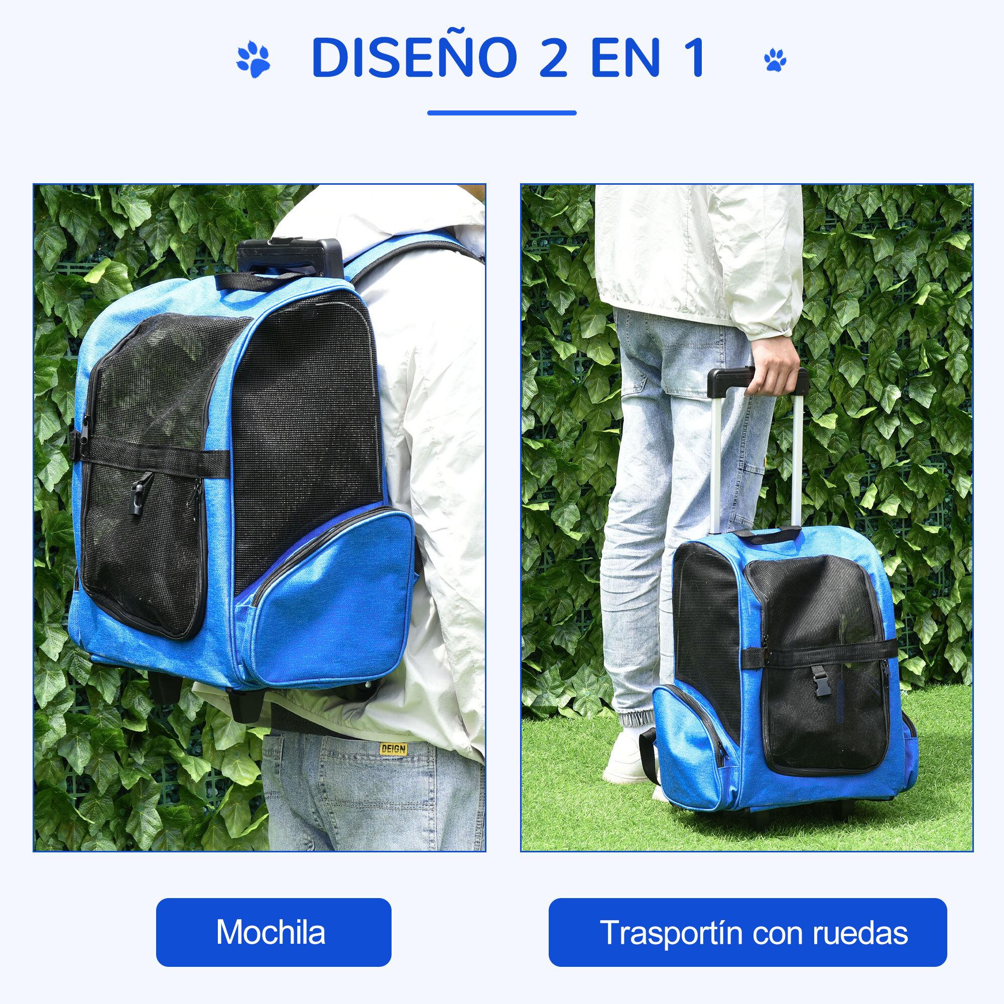 Transportín Carrito para Mascotas Perros 2 en 1 con 2 Ruedas Asa Retráctil Azul