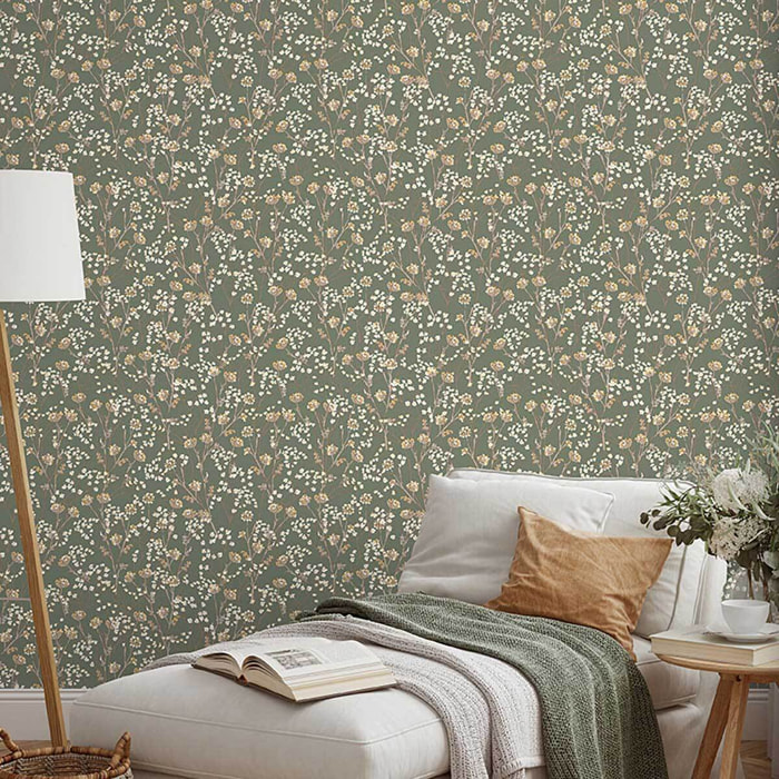 Papier peint fleurs sauvages vert sauge naturel