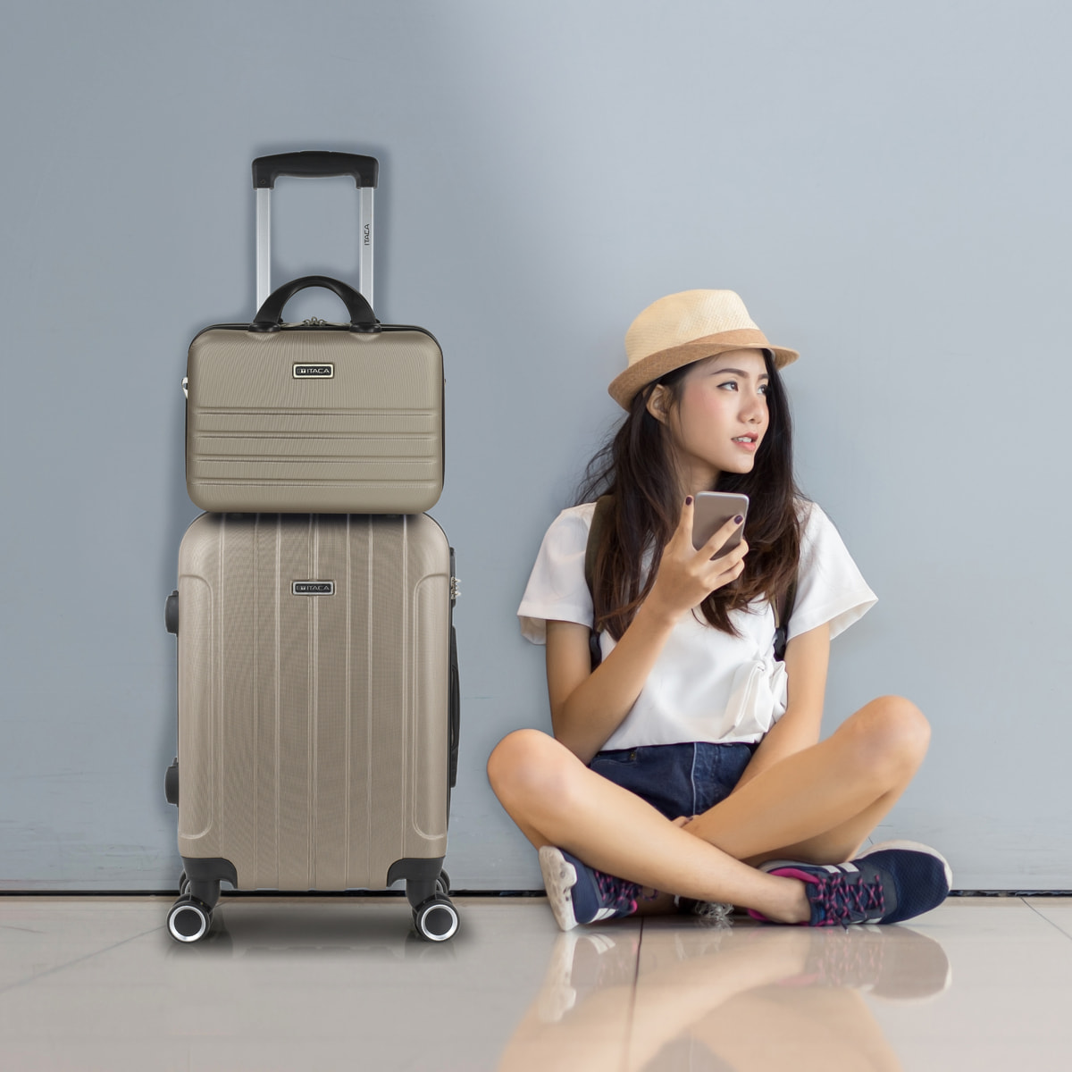 Juego De Trolley Cabina Y Neceser Itaca Havel Champagne