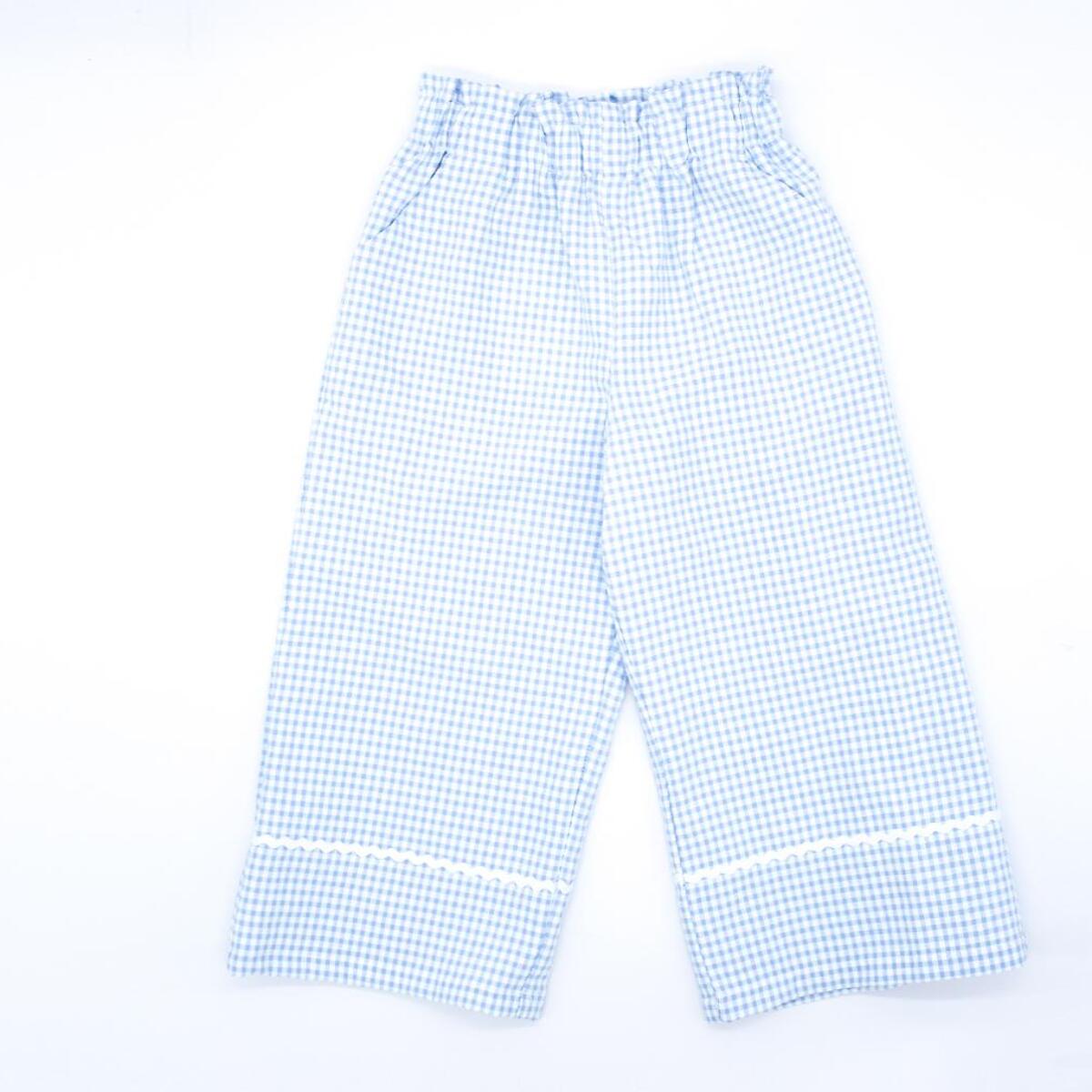 Pantalón largo de cuadros vichy azul. Elastico en la cintura, picunela en el bajo.