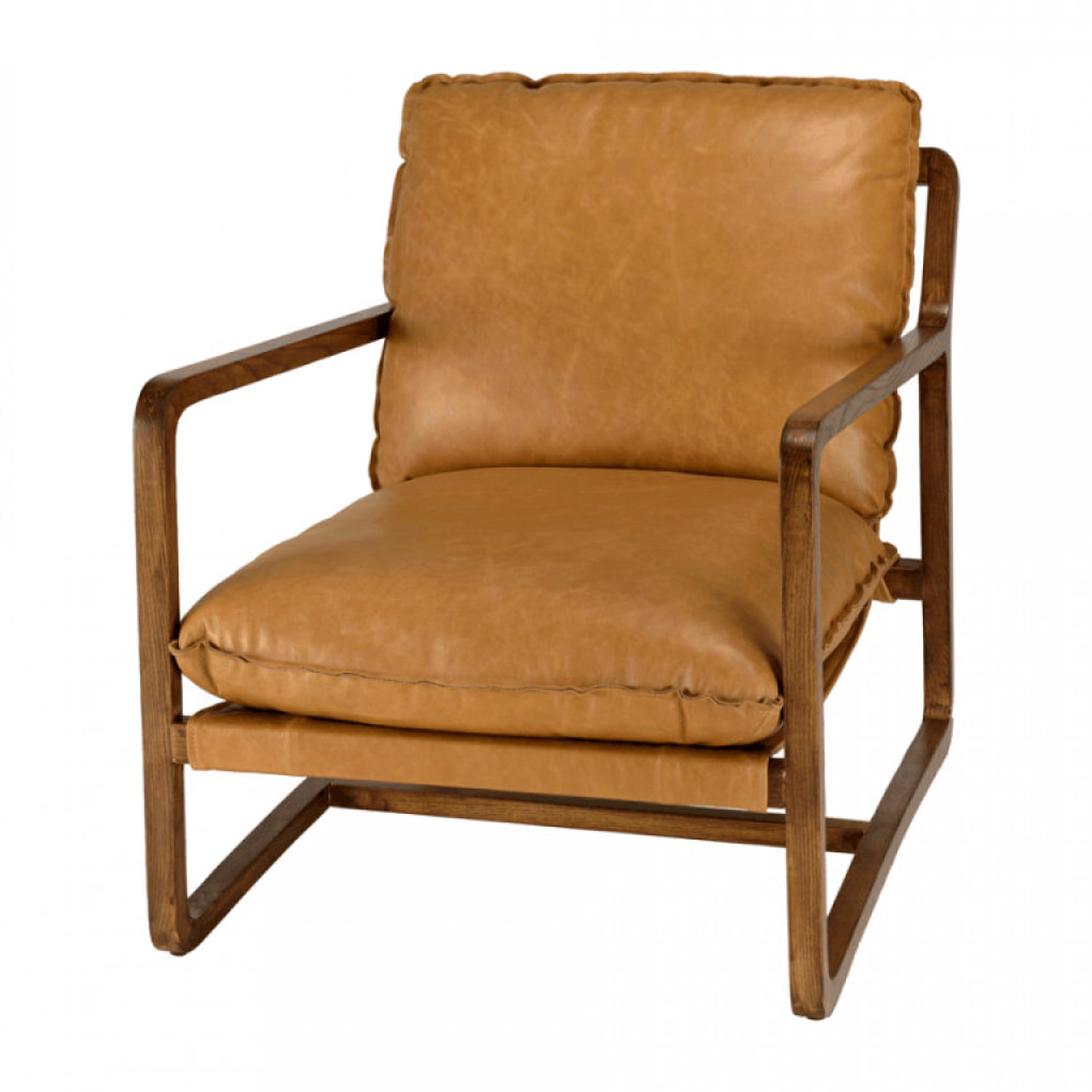 GASTON - Fauteuil incliné vintage cuir marron cognac, structure en bois