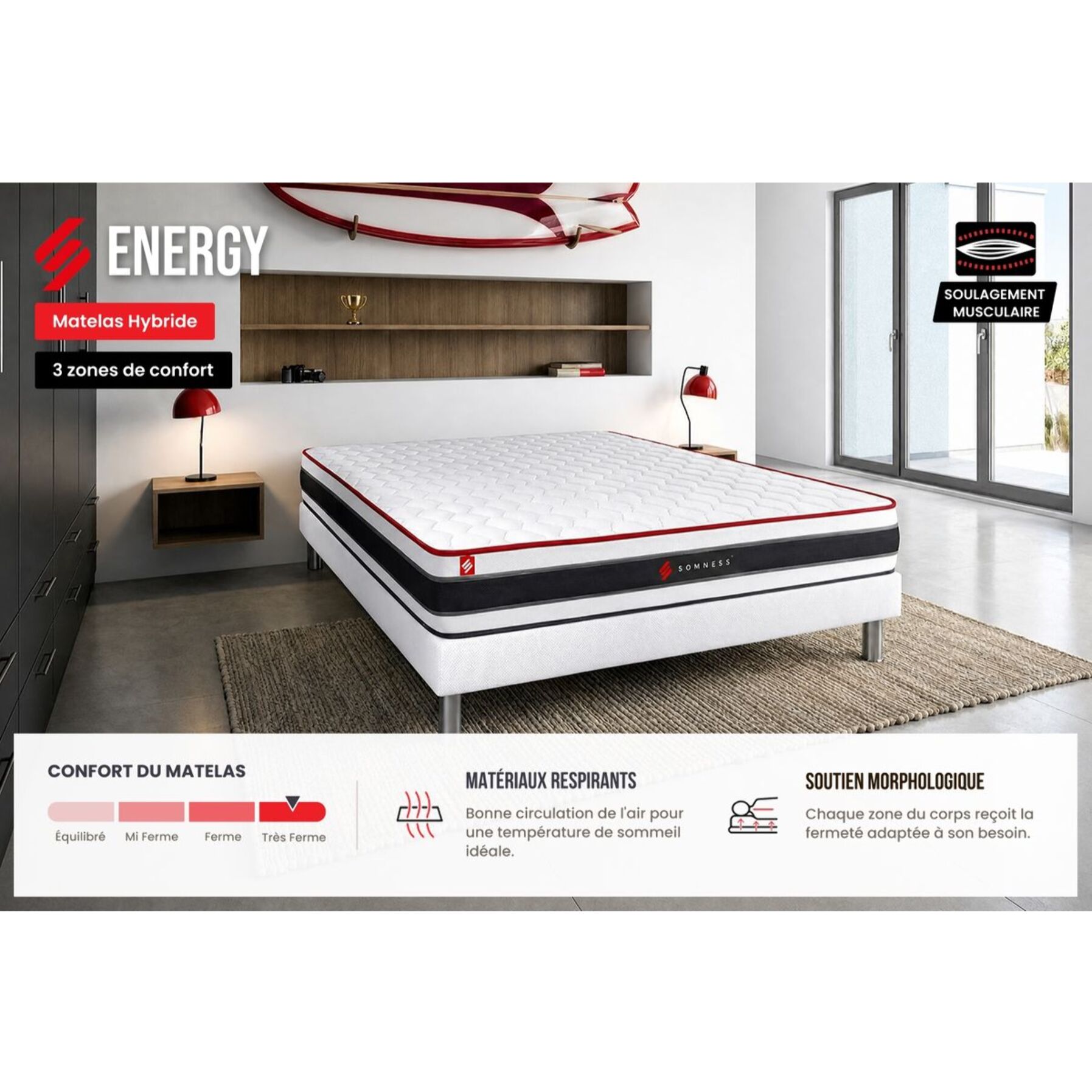 Ensemble - Matelas Ressorts ensachés et mémoire de forme 22cm d'épaisseur - 3 zones de confort - Confort ferme - Sommier tapissier monobloc - 2 places