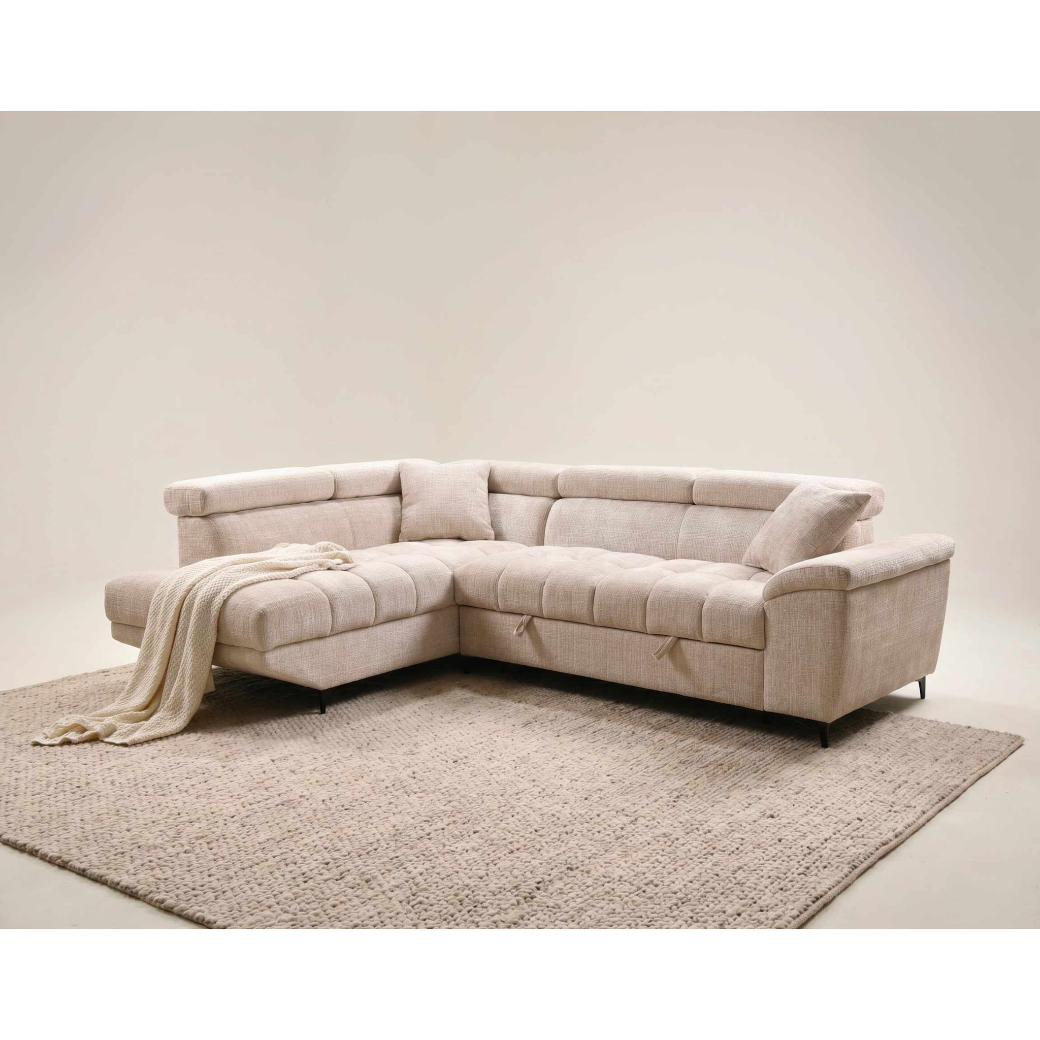 Camille - Canapé d'angle gauche 5 places convertible avec têtières et coffre en velours texturé - Beige