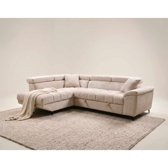 Camille - Canapé d'angle gauche 5 places convertible avec têtières et coffre en velours texturé - Beige