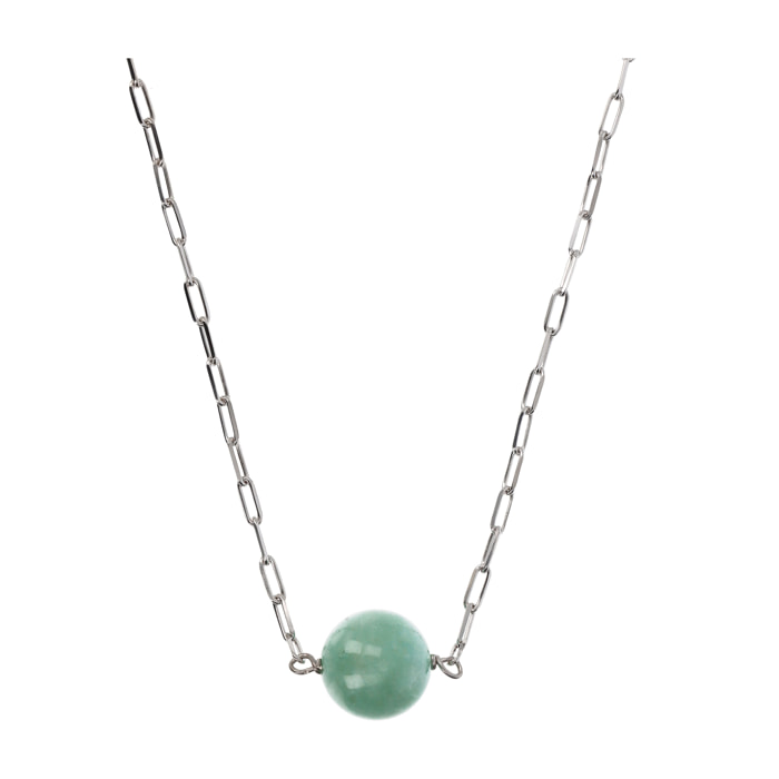 Collana Catena Forzatina con Pendente Sferico in Pietra Naturale Quarzite Verde in Argento 925 placcato Rodio