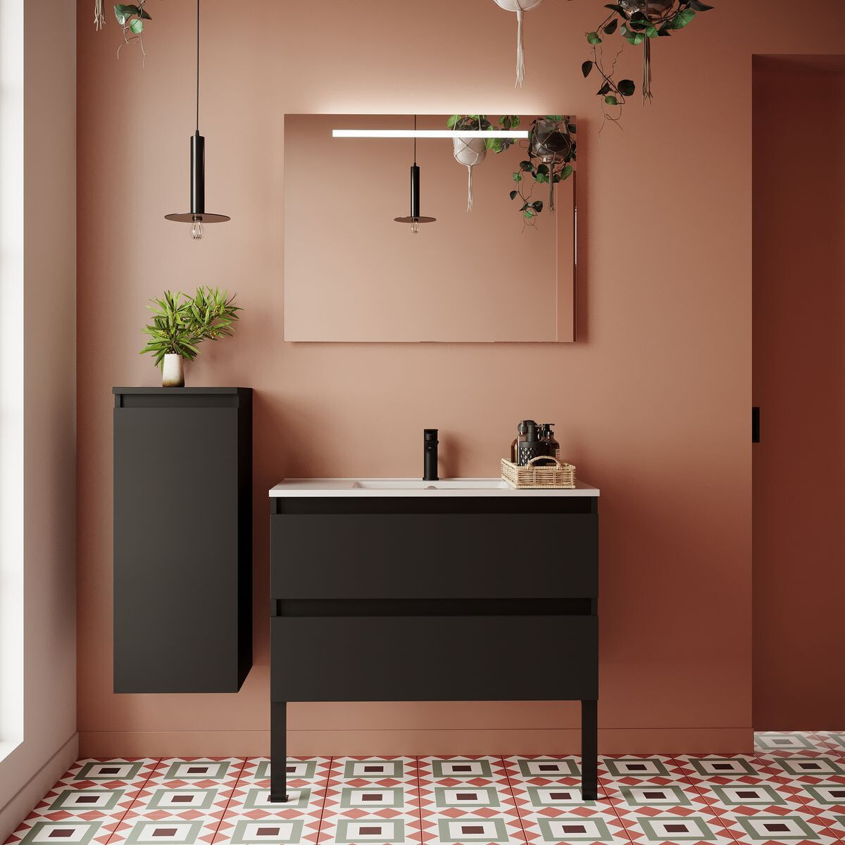 Ensemble vasque intégrée 2 tiroirs + miroir - HUDSON