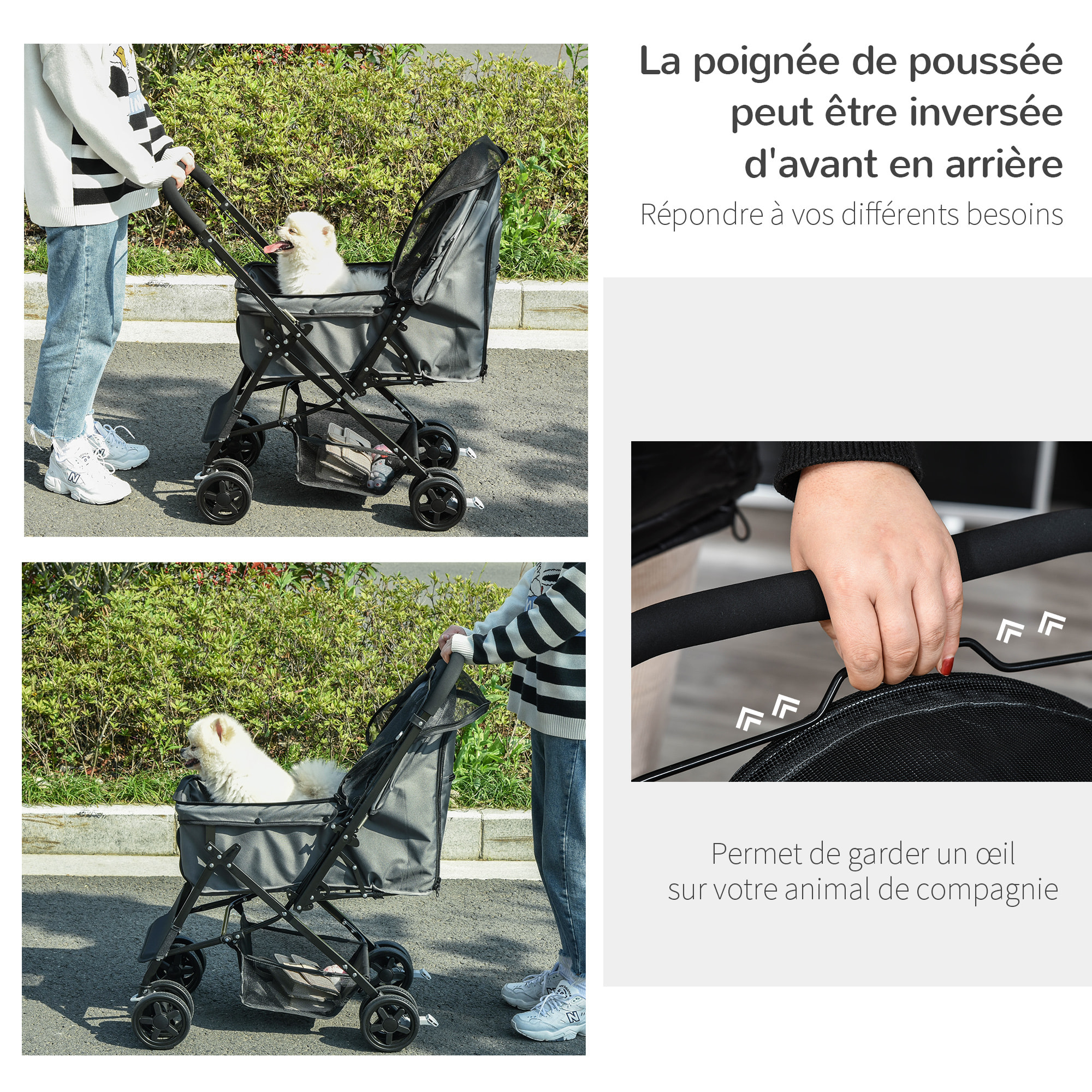 Poussette buggy pliable chien chat panier et sac de rangement attaches sécurité housse réglable poignée réglable acier Oxford gris