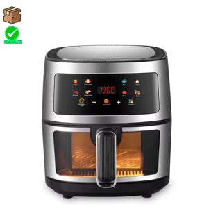 Friggitrice ad aria 8L, 1400W con finestra di visualizzazione. Pannello touch, programmi di cottura e modalità manuali, riscaldamento 3D, griglia antiaderente. Struttura in acciaio inossidabile. IMBALLAGGIO DANNEGGIATO.