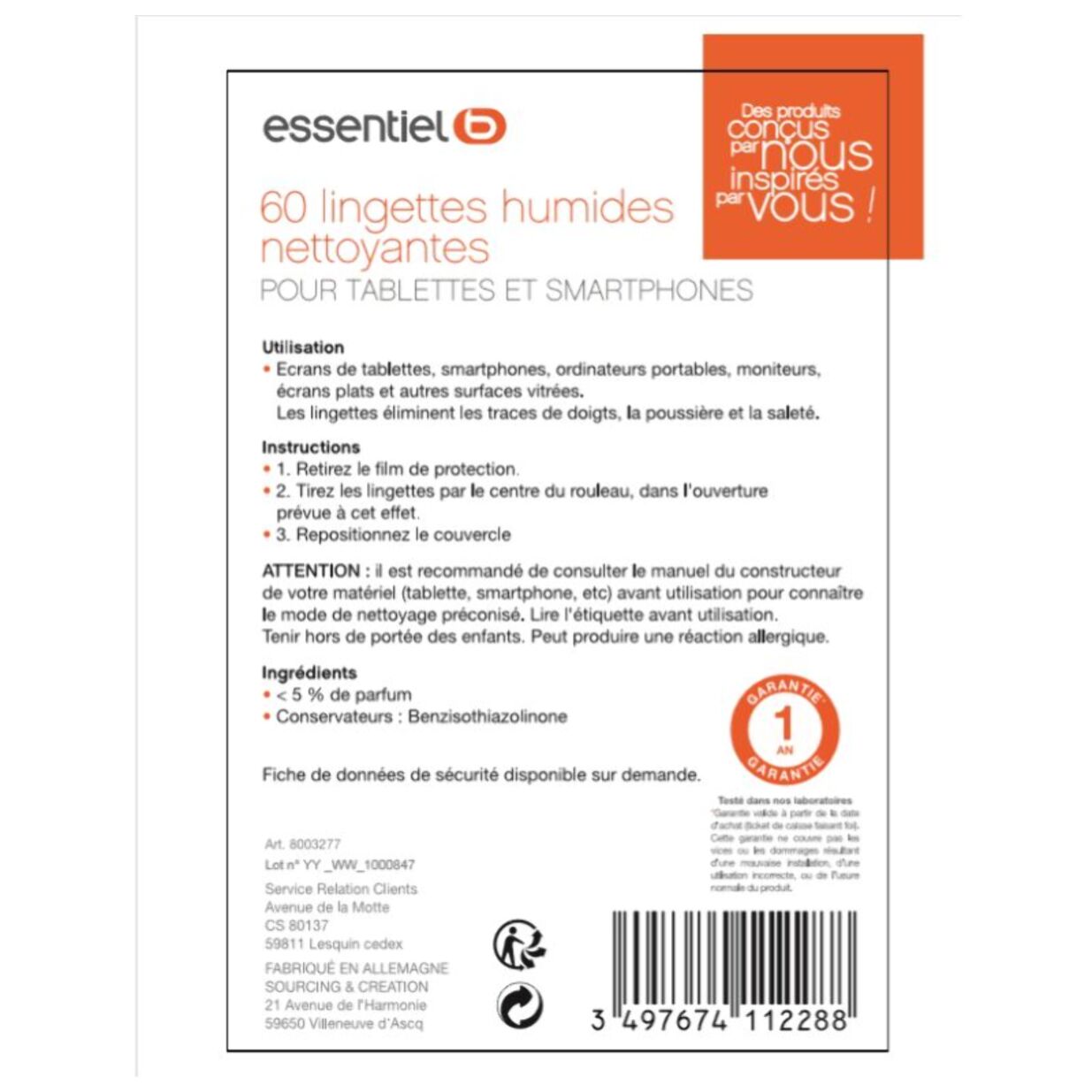 Lingettes ESSENTIELB 60 lingettes humides nettoyantes