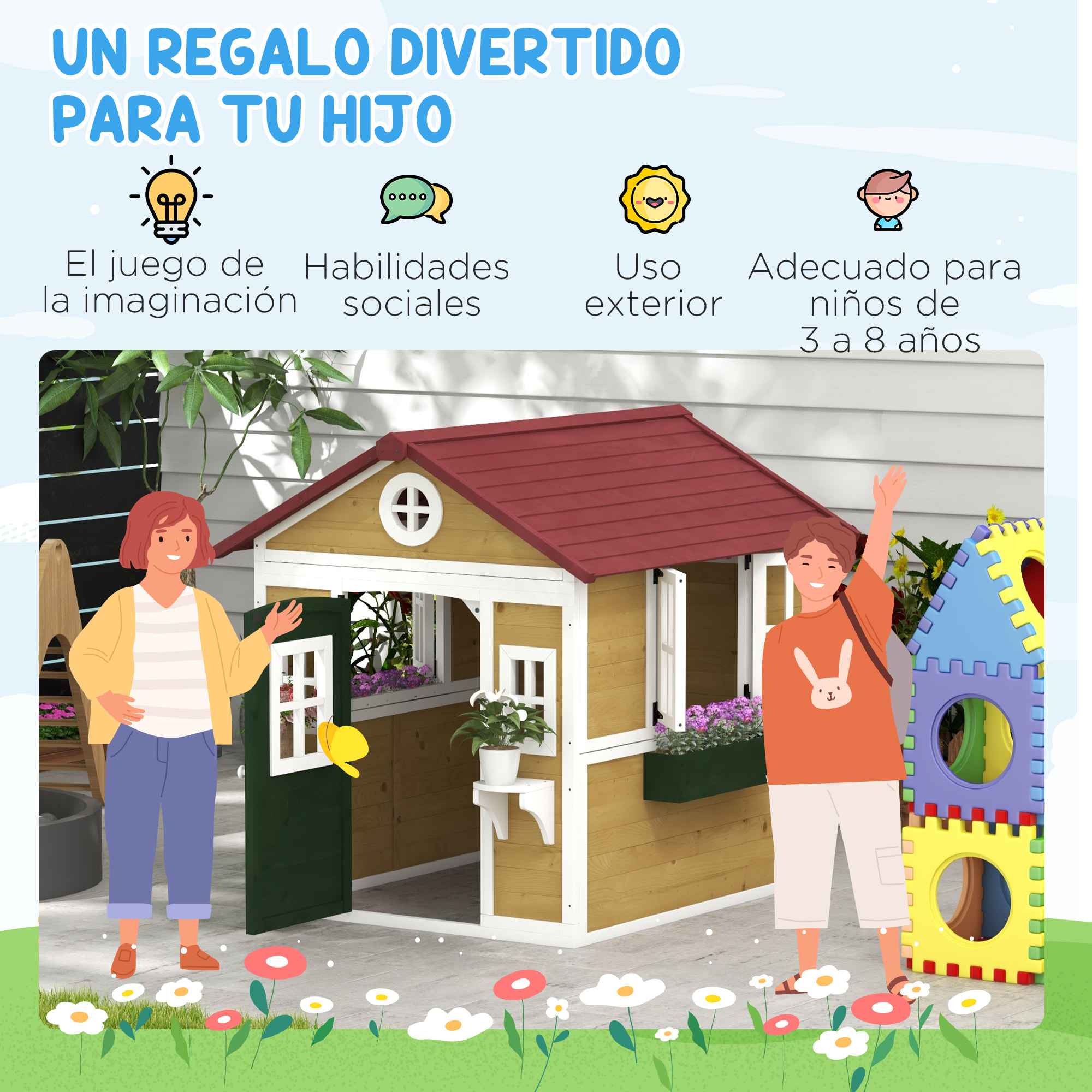 Casa de Jardín Infantil Casa de Madera para Niños con Puerta Ventanas Jardineras y Soportes de Flores 114x126,4x135 cm Madera Natural