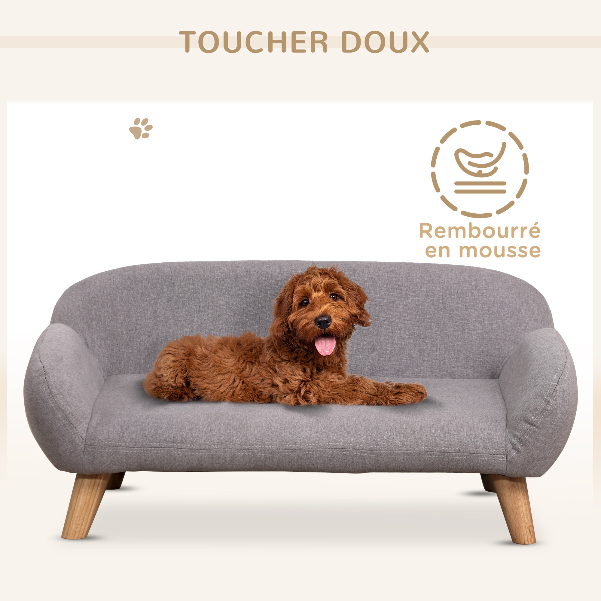 Canapé chien lit pour chien design scandinave déhoussable dim. 72L x 44l x 31H cm pieds bois tissu polyester gris