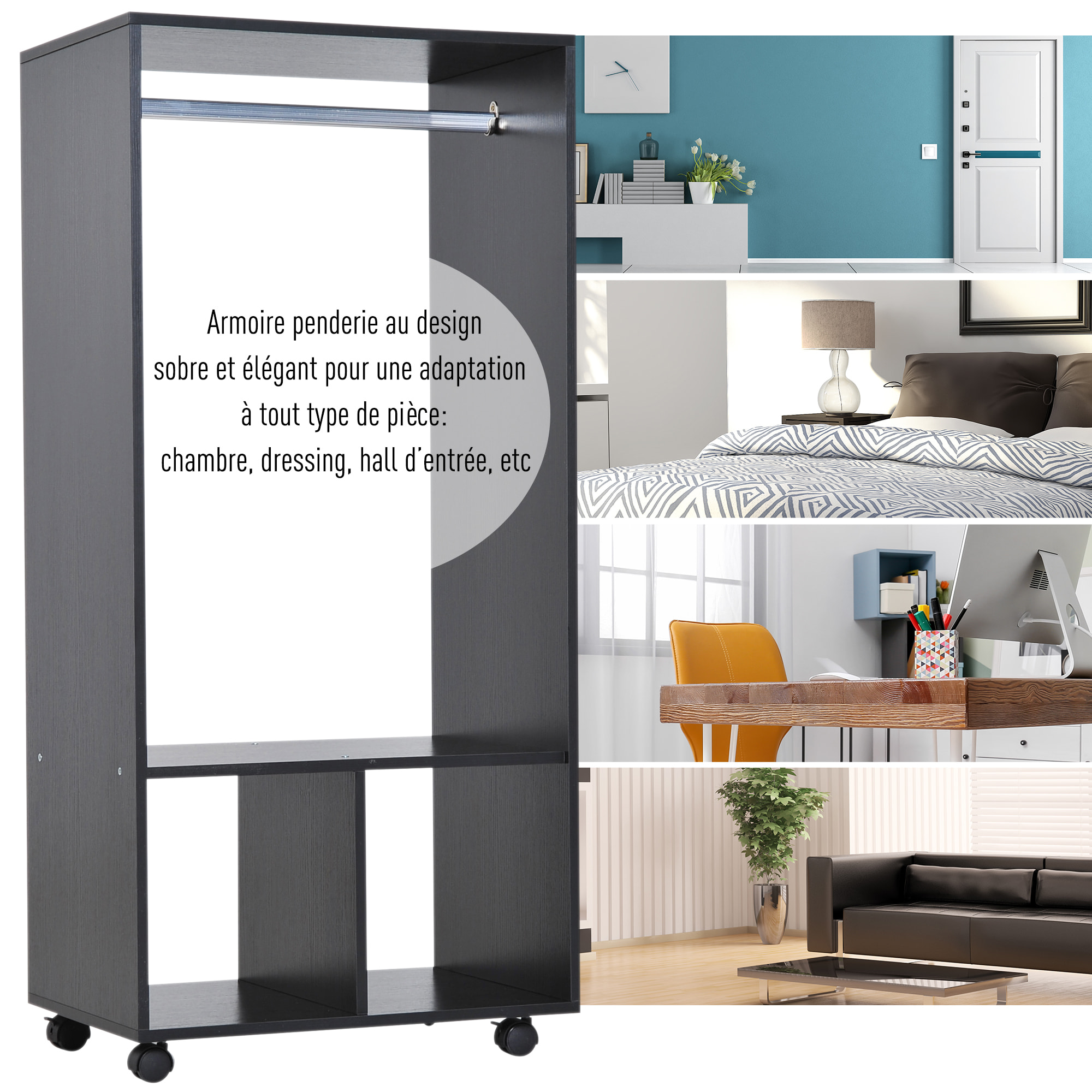 Armoire penderie étagère 2 niches penderie 4 roulettes pivotantes dim. 60L x 40l x 128H cm noir