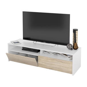 Mobile porta TV Henderson, Credenza per televisione da soggiorno con 2 ante, Supporto TV, Buffet moderno basso da salotto, cm 130x40h36, Bianco lucido