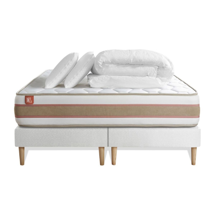 Pack Matelas Le Délicat - 26cm - Ressorts ensachés et mémoire de forme - Technologie hybride, fabrication responsable. - Sommier Tapissier Blanc - Avec couette et oreillers