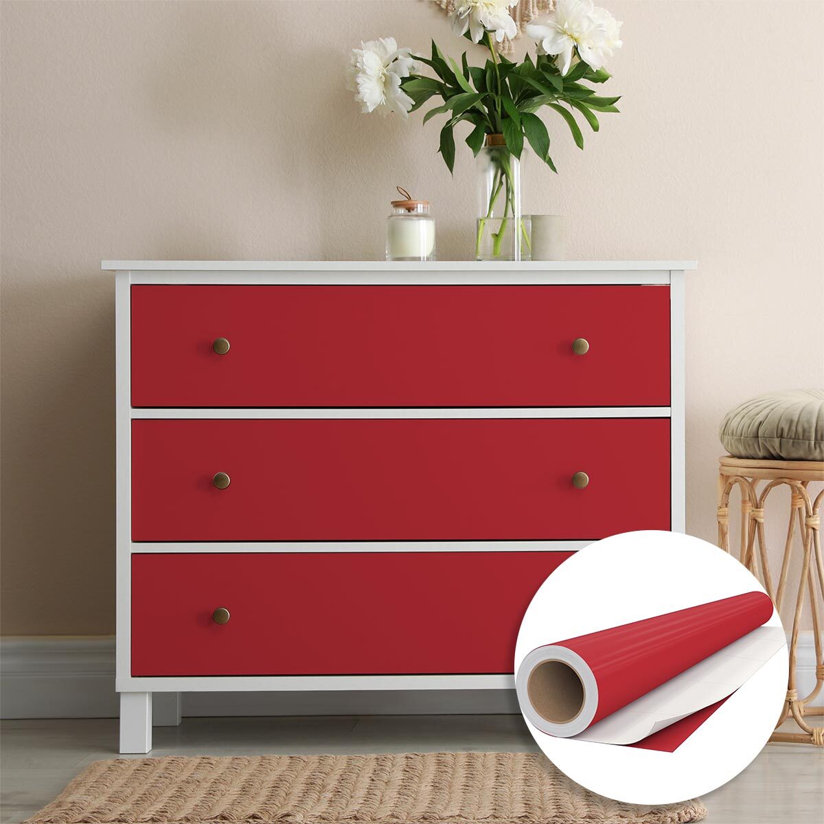 Rouleau adhésif décoratif Vinyle au Mètre - Rouge cerise - Sticker Lavable Imperméable Mur Cuisine Meubles