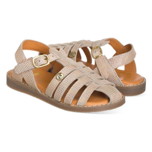 Sandalia cangrejera estampada con brillo confeccionada 100% piel color oro rosa