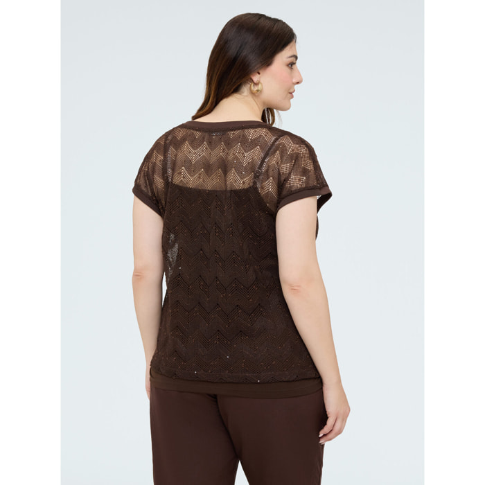 Fiorella Rubino - T-shirt in maglia traforata ajouré con paillettes - Marrone