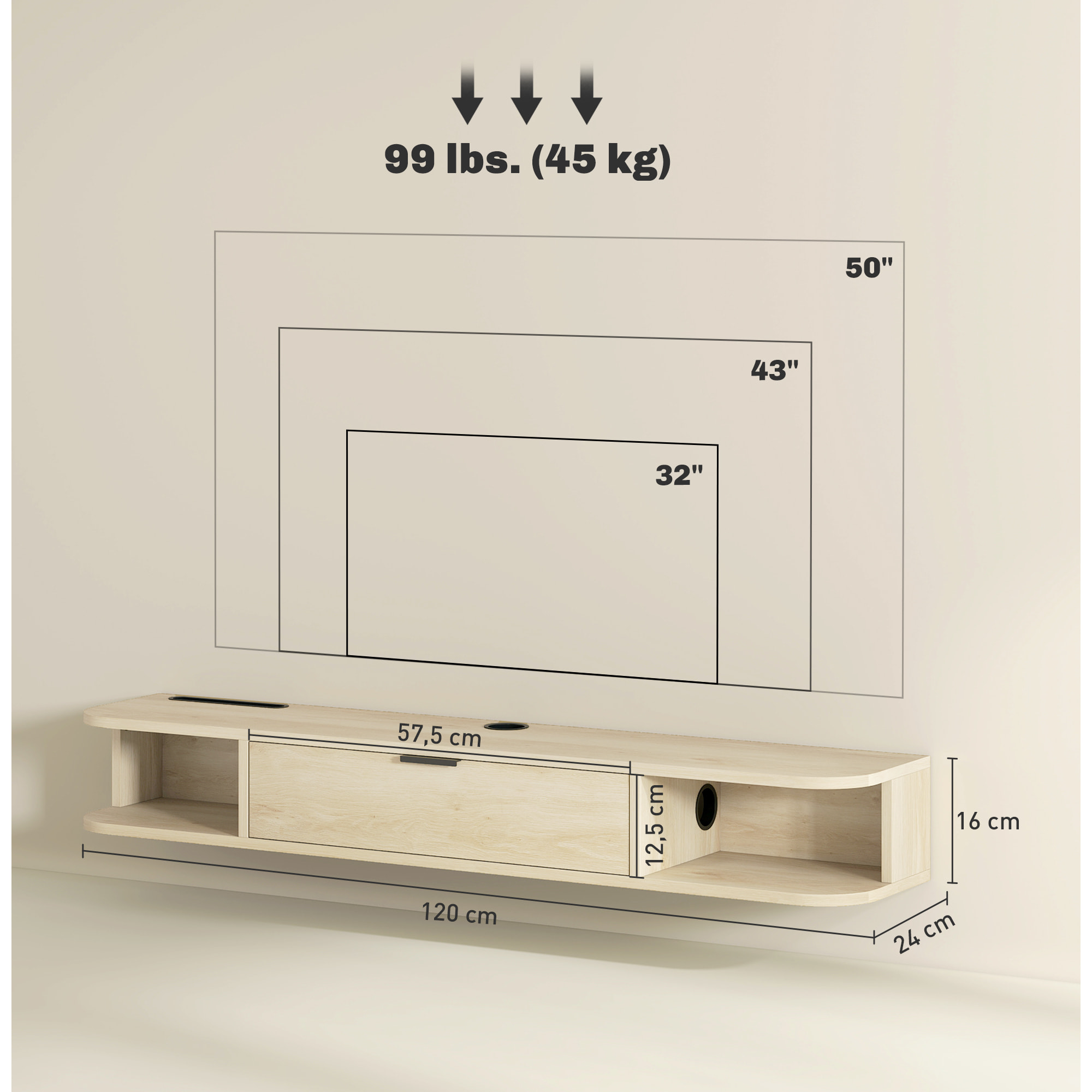 Mueble de TV Suspendido, Mueble de TV para Salón con Cajón Abatible, 2 Estantes Abiertos, Gestión de Cables, Estilo Moderno, para Televisión 50 Pulgadas, 120x24x16 cm, Madera Natural
