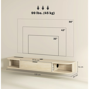 Mueble de TV Suspendido, Mueble de TV para Salón con Cajón Abatible, 2 Estantes Abiertos, Gestión de Cables, Estilo Moderno, para Televisión 50 Pulgadas, 120x24x16 cm, Madera Natural