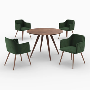 Table et chaises 4 personnes en velours vert et bois - Liwa