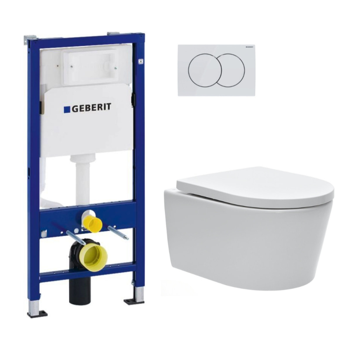 Pack WC sans bride, fixations invisibles + Abattant softclose + Bâti support Geberit UP100 + Plaque Delta 01 Blanche