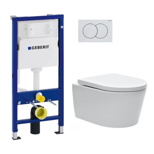 Pack WC sans bride, fixations invisibles + Abattant softclose + Bâti support Geberit UP100 + Plaque Delta 01 Blanche