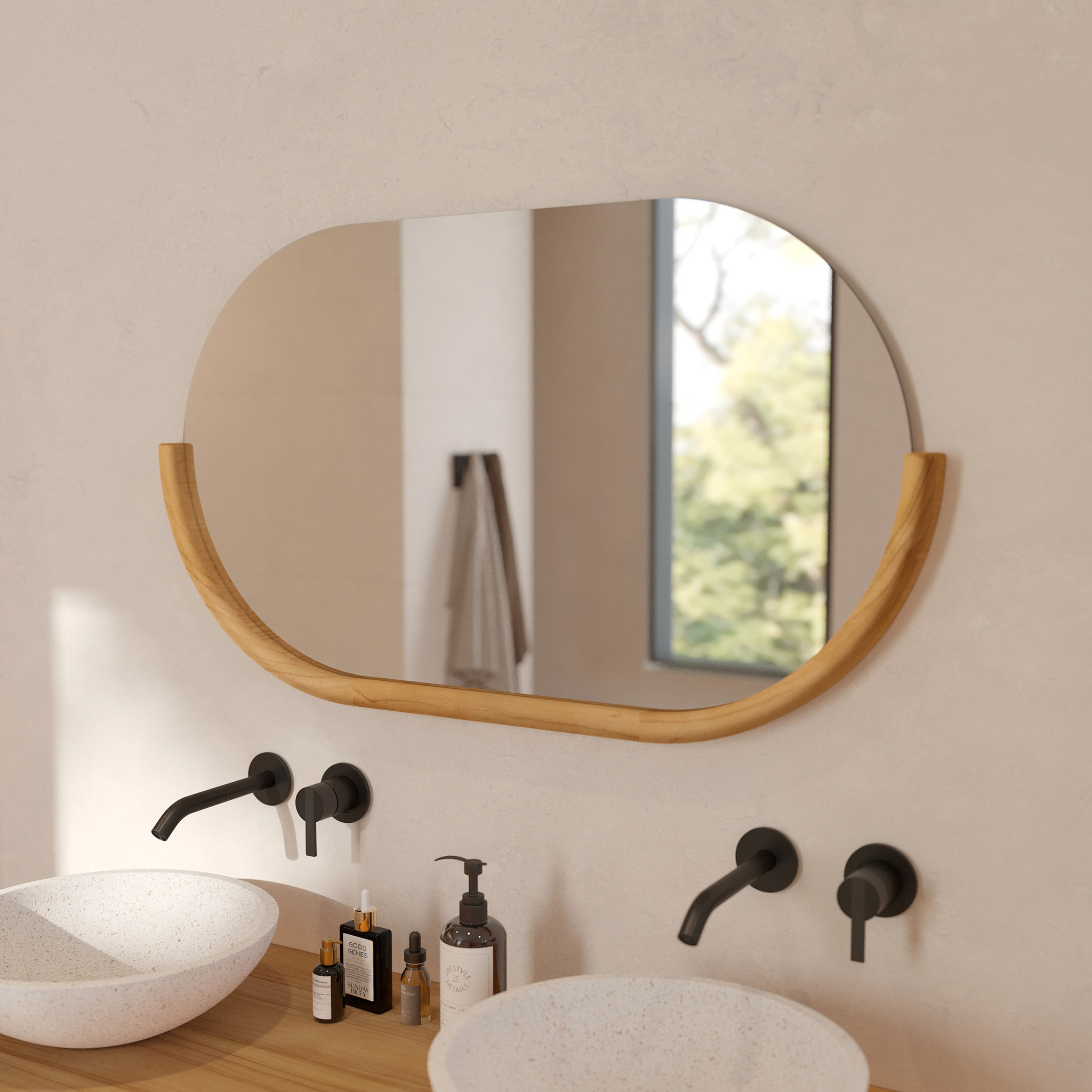 Miroir mural de salle de bain ovale en bois de teck - Zéphyr