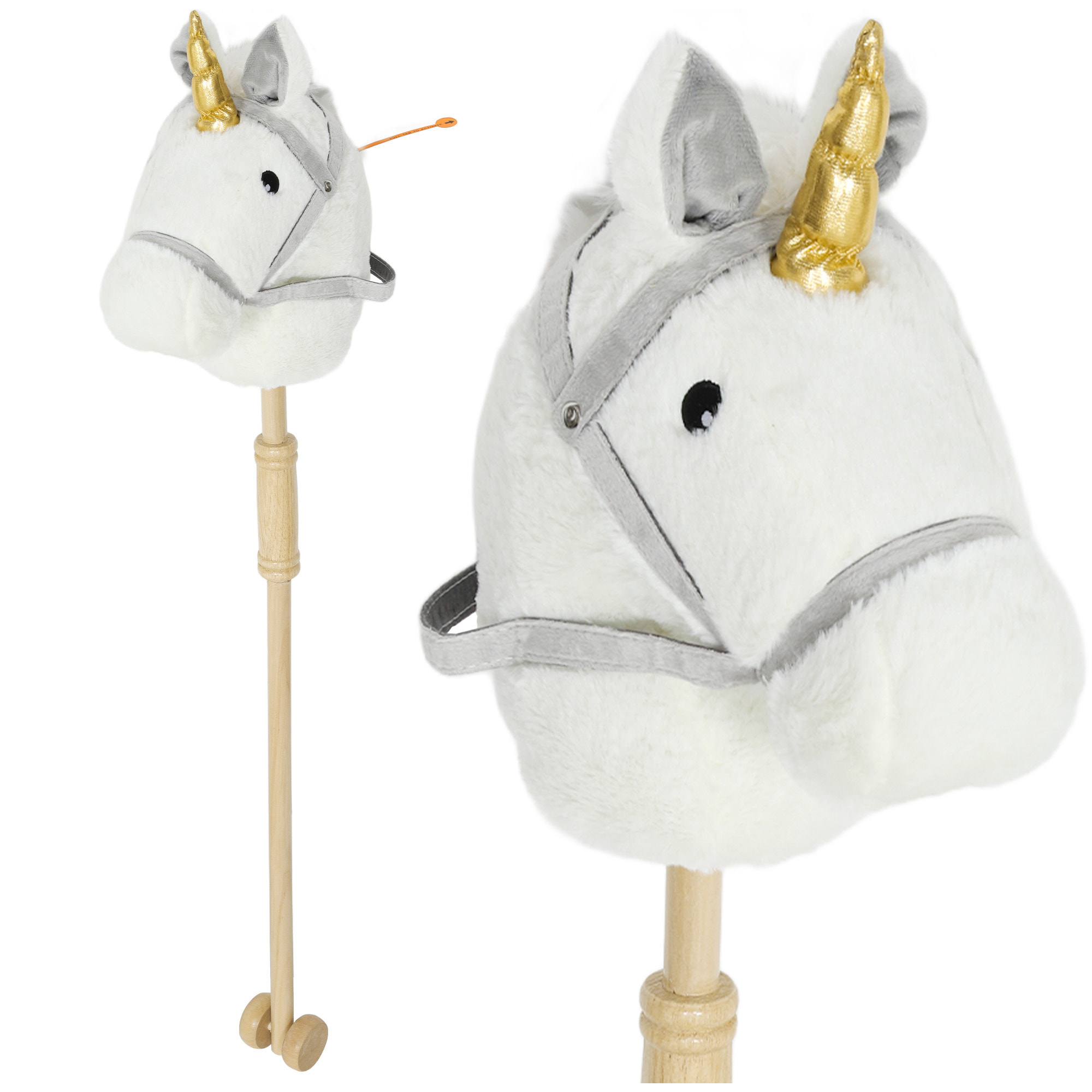 Cabeza de Caballo con Palo de Madera, Diseño Unicornio, Sonidos y Ruedas, Caballo de Juguete, 95 cm de Altura, Blanco