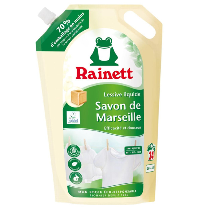 Pack de 5 - Rainett - Lessive Liquide Ecolabel Savon de Marseille 1,7l - Recharge 34 lavages